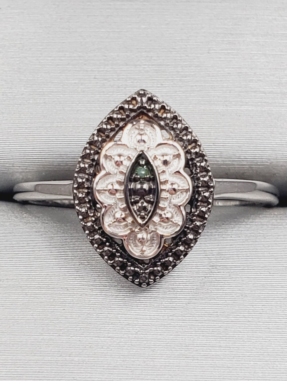Genuine Green Diamond Sterling Silver Marquise Filigree Ring with Dark Accents